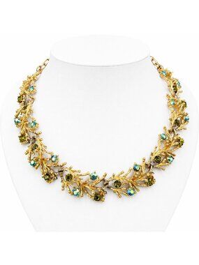 Vintage Signed Lisner Rhinestone Branch Gold Tone Green AB Statement Collar